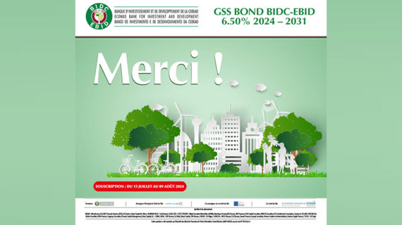 Clôture avec sursouscription du premier emprunt obligataire vert et durable (« GSS Bond » ou « Green, Social and Sustainability Bond ») par Appel Public à l’Epargne en zone UEMOA de 70 milliards FCFA sur 7 ans avec un coupon de 6,5%.