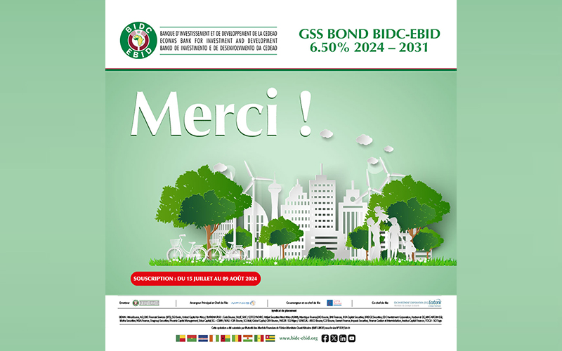 Clôture avec sursouscription du premier emprunt obligataire vert et durable (« GSS Bond » ou « Green, Social and Sustainability Bond ») par Appel Public à l’Epargne en zone UEMOA de 70 milliards FCFA sur 7 ans avec un coupon de 6,5%.